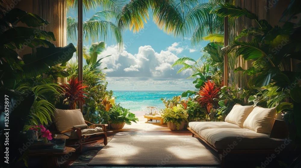 Fototapeta premium Tropical beach paradise with lush greenery and ocean view from cozy lounge area