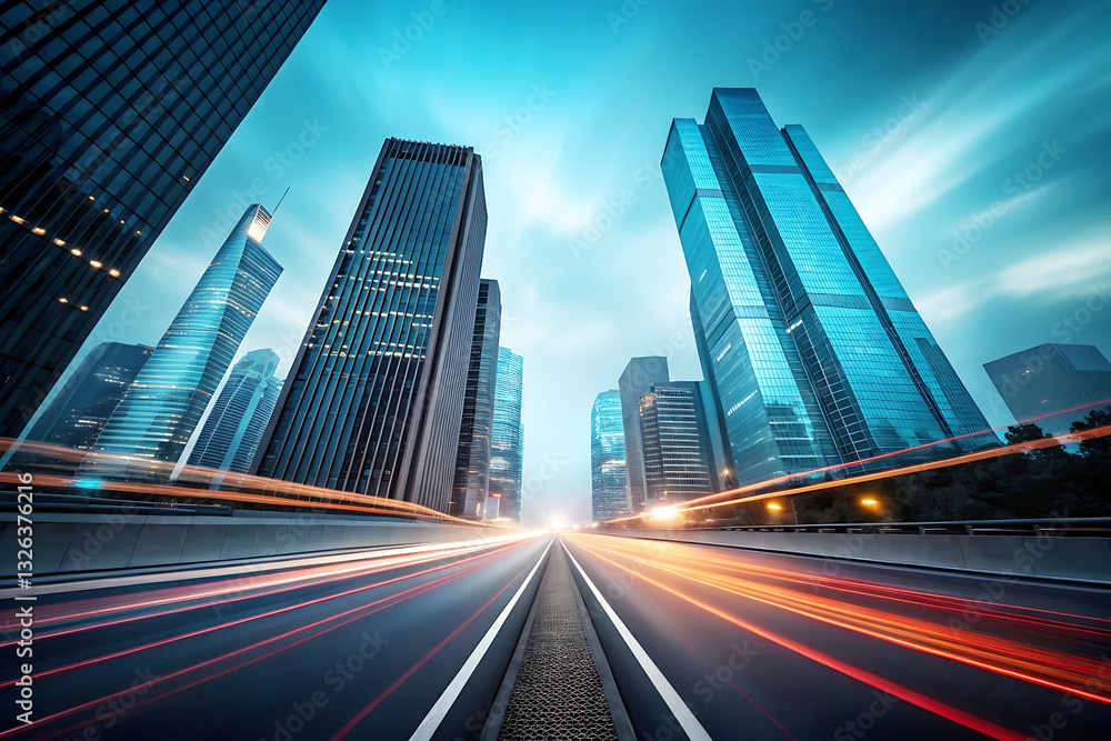 Fototapeta premium Futuristic cityscape with motion blur, fast highway traffic at night, modern urban skyline, smart city, speed, technology, transportation.