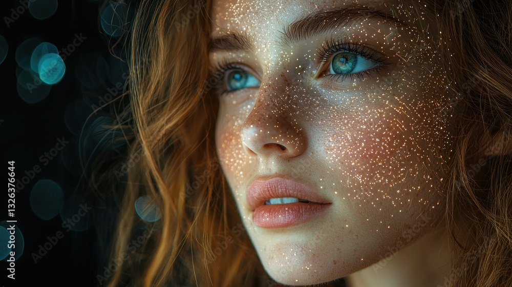 Close-up portrait of a young woman with glitter on her face, looking thoughtfully. Close-up portrait of a young woman with glitter on her face, looking thoughtfully.