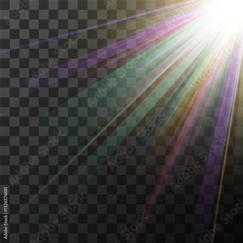 Rainbow prism light scatters vividly, creating dazzling spectral reflections. Holographic crystal glare shimmers subtly, producing soft ethereal radiance. Transparent lens flare refracts dynamically