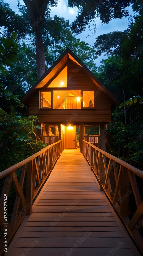 A luxurious treehouse nestled high in a rainforest canopy with a wooden bridge leading to it