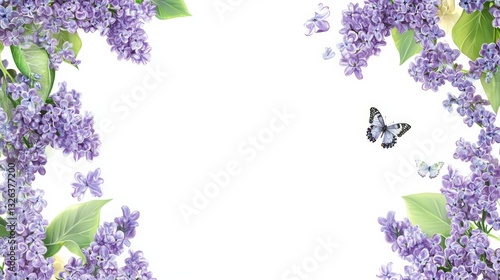 Beautiful lilac flower sprigs with green leaves and butterflies on a soft botanical background. Elegant postcard template with copy space, featuring purple syringa blossoms in a delicate floral frame