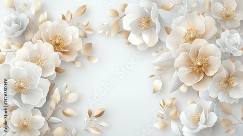 Elegant floral background with white and gold flowers creating a soft, romantic atmosphere for design and decor.