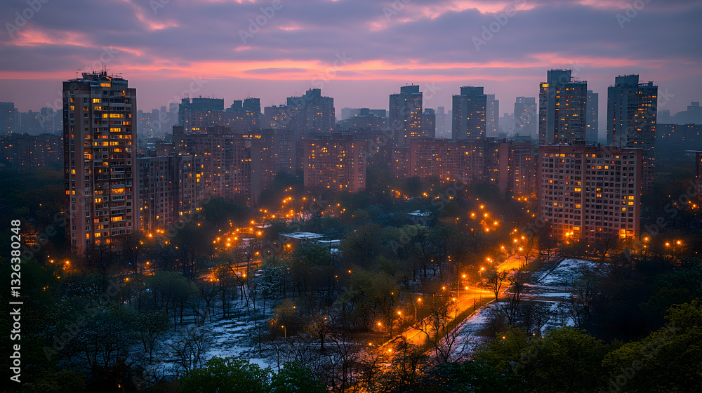Obraz premium Cityscape at dawn, illuminated buildings, park