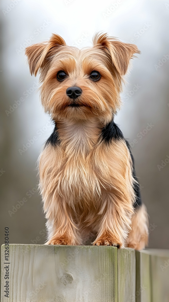 Adorable small dog, perched atop a fence post, captivating gaze Adorable small dog, perched atop a fence post, captivating gaze