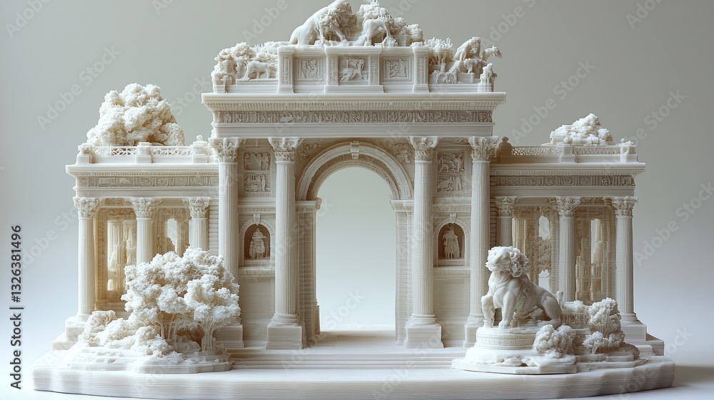Naklejka premium Architectural model of triumphal arch with lions and sculpted details.