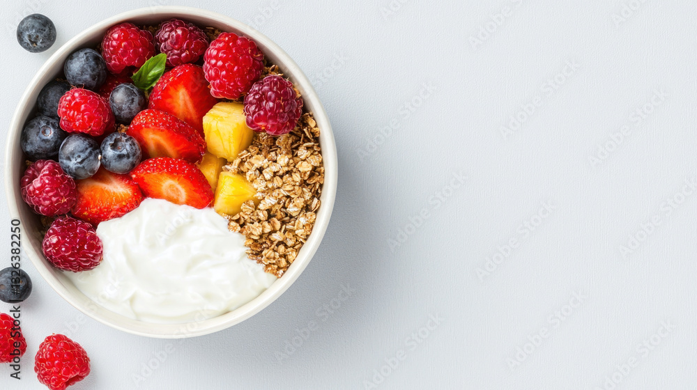 Bowl of fruit salad with Greek yogurt, granola, berries, and pineapple Bowl of fruit salad with Greek yogurt, granola, berries, and pineapple