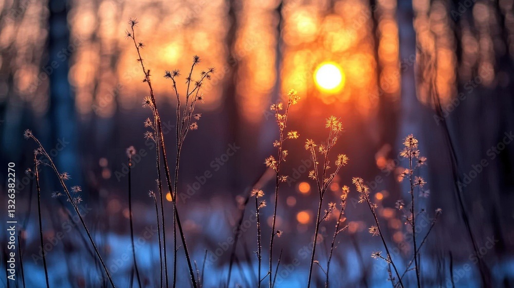 Serene winter sunset over snowy field with silhouetted flora Serene winter sunset over snowy field with silhouetted flora