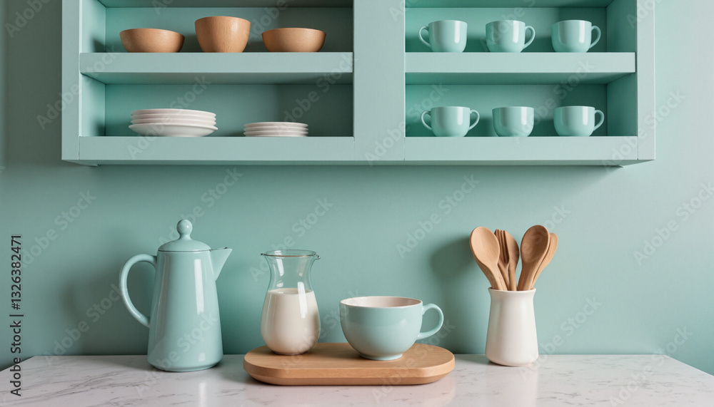 Modern kitchen interior featuring soft blue-green accents, inviting aesthetic and Aquatic Awe influences Modern kitchen interior featuring soft blue-green accents, inviting aesthetic and Aquatic Awe influences