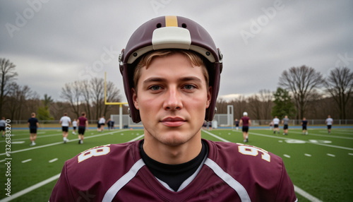 Serious 15-year-old boy with light skin in dark maroon jersey and helmet on practice field