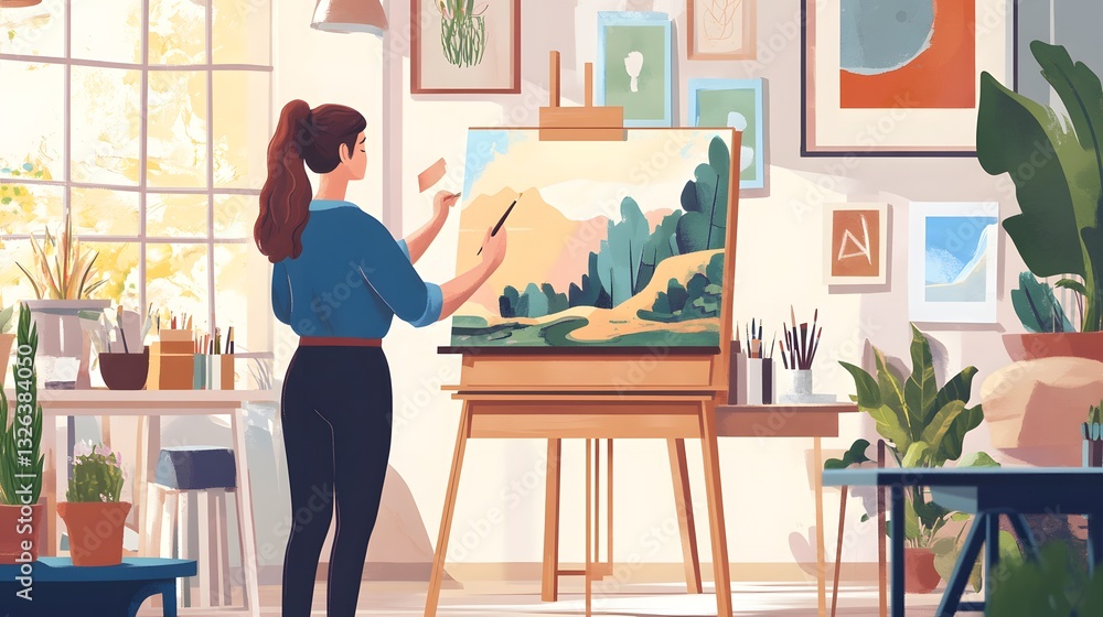 Professional Painting Teacher Creating Scenery Illustration in Isolated Setting Professional Painting Teacher Creating Scenery Illustration in Isolated Setting
