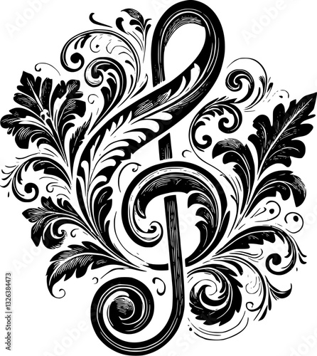 treble clef g-clef, music, theory, vector, illustration, baroque, graphic, image, print, logo, leaves, ai, eps, png, transparent, isolated