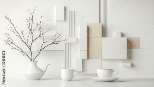 Wallpaper Mural Minimalist composition with teapot, cups, and geometric wall art in soft tones. Torontodigital.ca