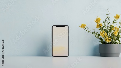 Minimalist smartphone on white table with yellow flowers, modern tech and nature concept.