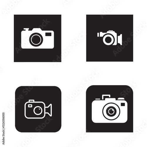  Simple Black Icons set vector of Various Cameras and a Photo Printer

