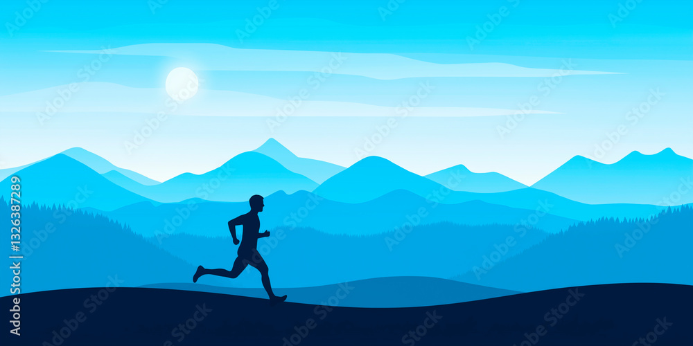 A silhouette of a runner against a blue mountainous landscape, symbolizing fitness, determination, and the pursuit of goals amidst nature's beauty A silhouette of a runner against a blue mountainous landscape, symbolizing fitness, determination, and the pursuit of goals amidst nature's beauty