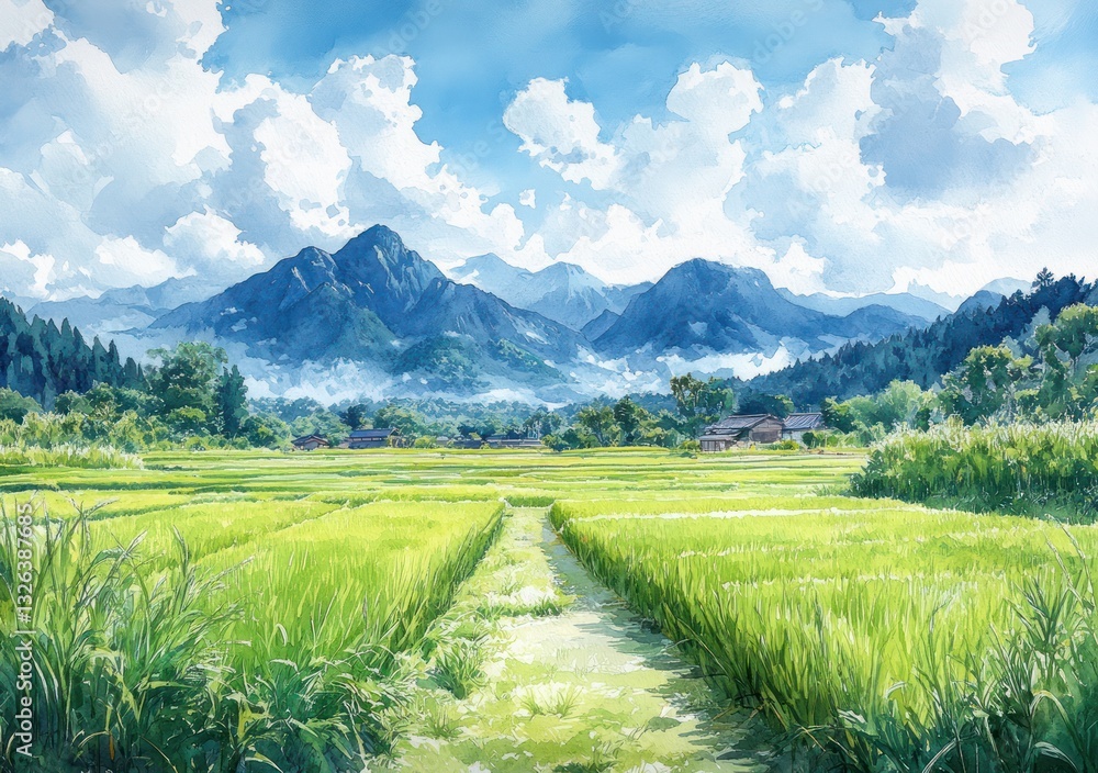 Fototapeta premium Summer Rice Field Landscape in Japan with Mountains and Bright Sky