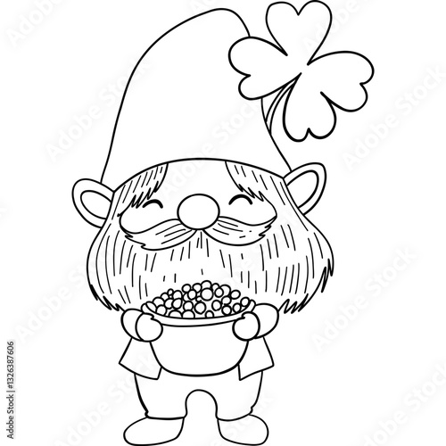 St patricks day Gnome theme, A cheerful gnome holding a bowl of colorful beads with a clover on his hat. Outline for coloring.