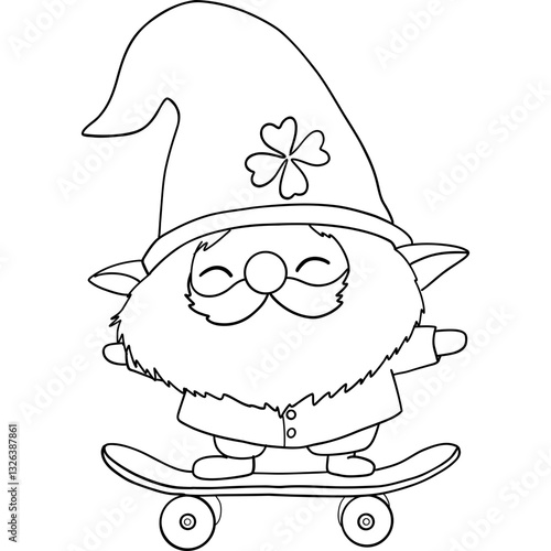 St patricks day Gnome theme, Cheerful gnome skateboarding with a clover hat in a playful illustration. Outline for coloring.