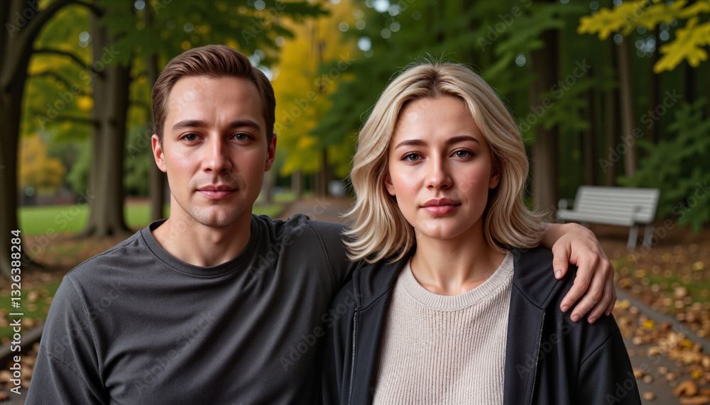 Two young adults showing calm sadness with a supportive embrace in a peaceful park Two young adults showing calm sadness with a supportive embrace in a peaceful park