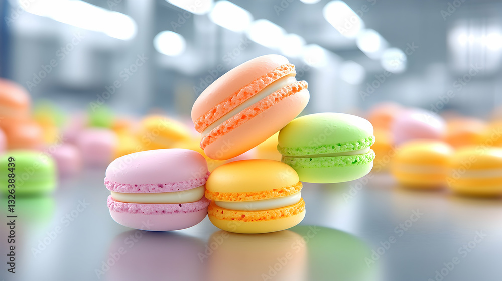 Obraz premium Colorful macarons stacked on a reflective surface