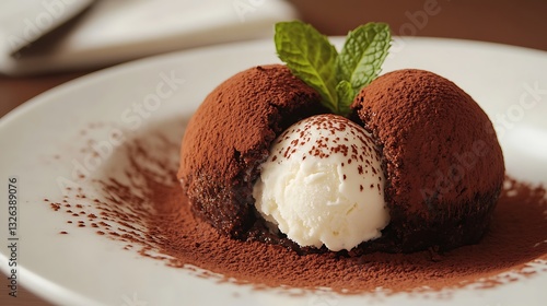 Close-up of a classic chocolate tartufo with a creamy vanilla ice cream center