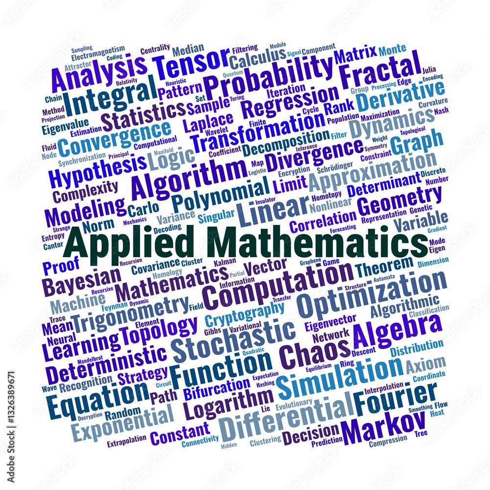 Obraz premium Applied Mathematics Word Cloud. Key Concepts and Important Topics in Mathematical Applications