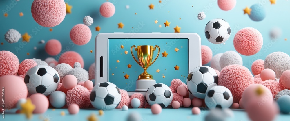 Naklejka premium Soccer Football Trophy and Smartphone 3D Art Digital Concept for Online Streaming Competition