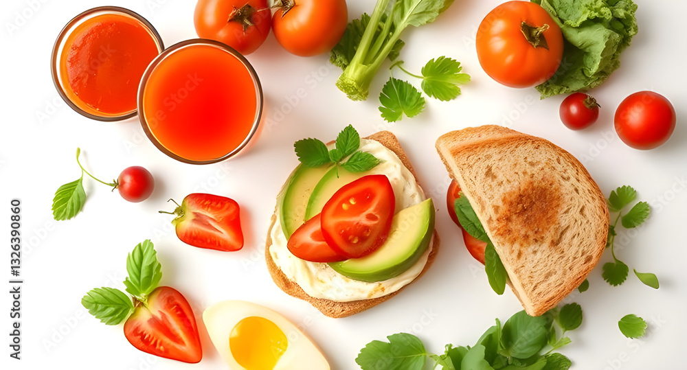 A modern breakfast with tomato juice. A glass of juice, avocado and egg sandwich, and fresh vegetables on a white background. A modern breakfast with tomato juice. A glass of juice, avocado and egg sandwich, and fresh vegetables on a white background.