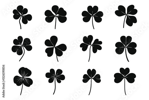 Set of black silhouette clover leaf icons, flat design, vector illustration, white background. Clover silhouette set vector design big pack of shamrock illustration and icon. 