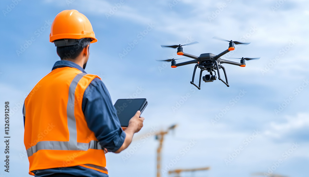 Construction worker using drone for site survey Construction worker using drone for site survey