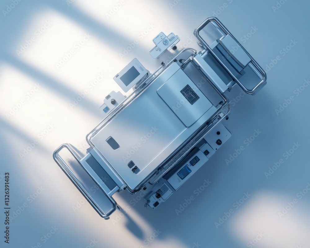 Naklejka premium Overhead view of modern medical metal bed transformer with diagnostic equipment