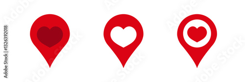 Three location pins feature heart shapes, representing love and affection in mapping environments.