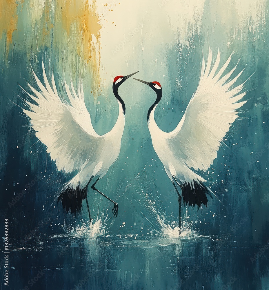 Fototapeta premium Two Red-Crowned Cranes Dancing in Watercolor Art Style with Blue and Green Background
