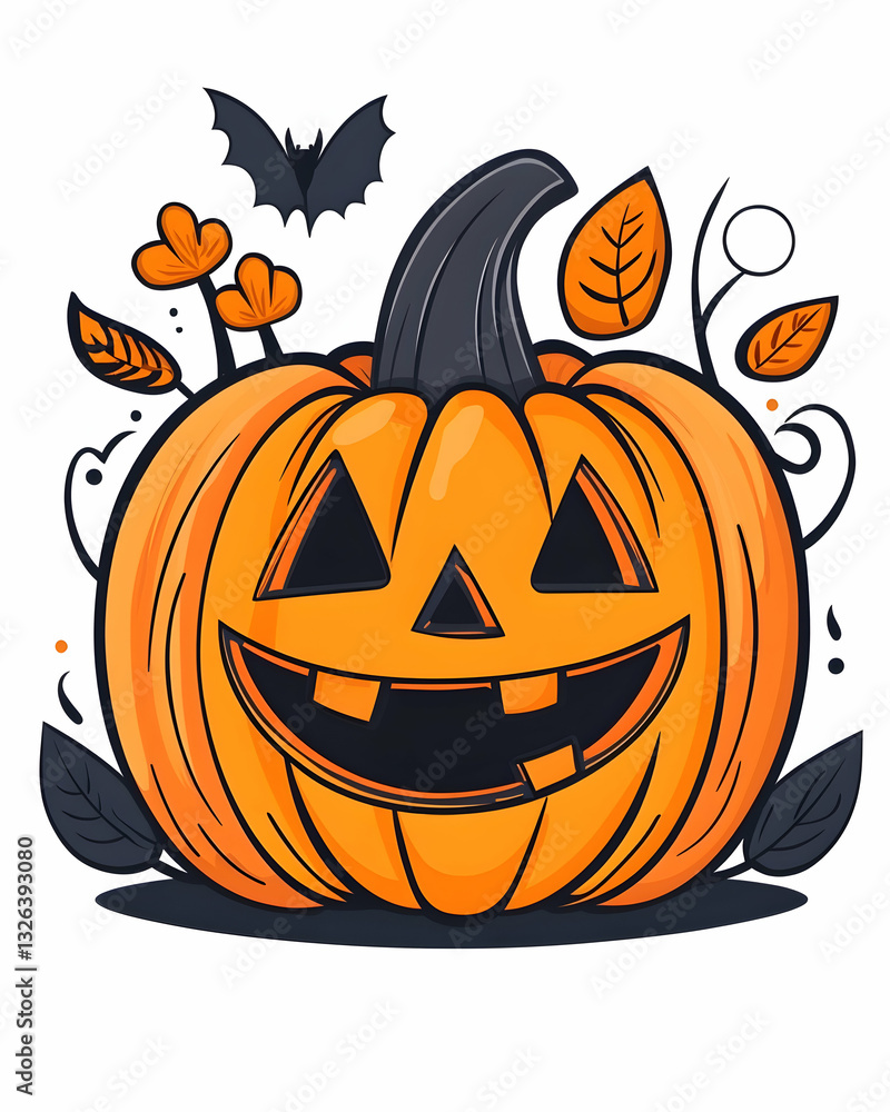 Cute cartoon pumpkin with a happy face, surrounded by autumn leaves and a bat Cute cartoon pumpkin with a happy face, surrounded by autumn leaves and a bat