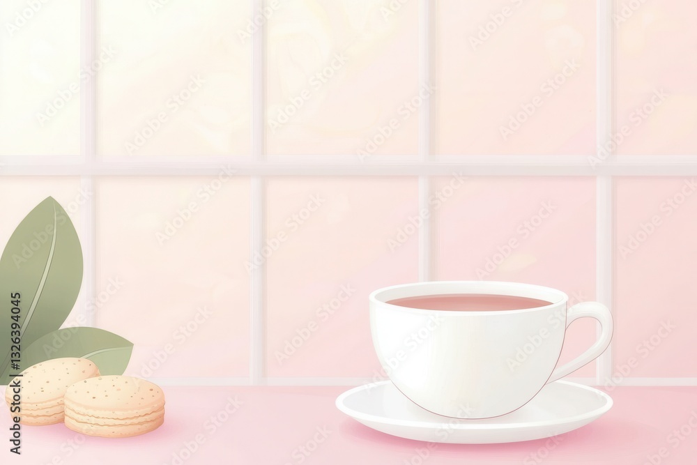 Tea Cup with Macarons and Soft Background in Pastel Colors Tea Cup with Macarons and Soft Background in Pastel Colors