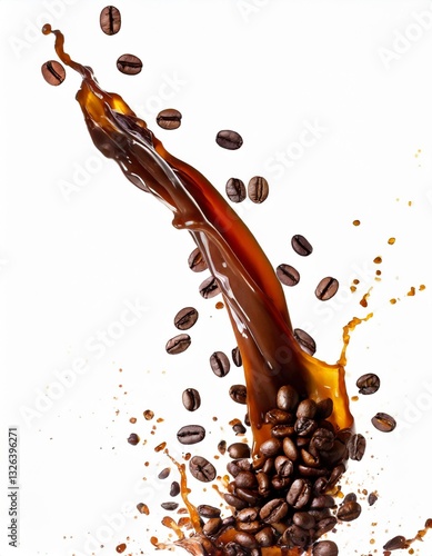 Dynamic Coffee Splash with Fresh Coffee Beans Isolated on White Background