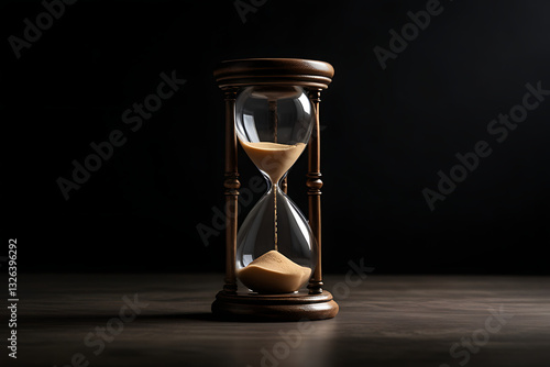 Antique hourglass on black background with sand flowing, symbolizing time and history