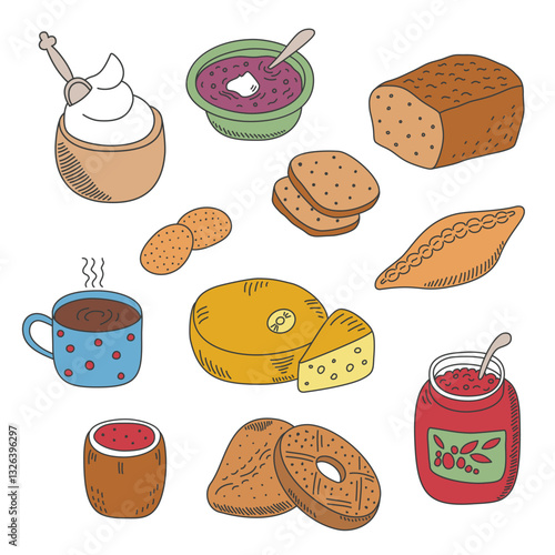 Set of vector pied doodle food icons in flat style