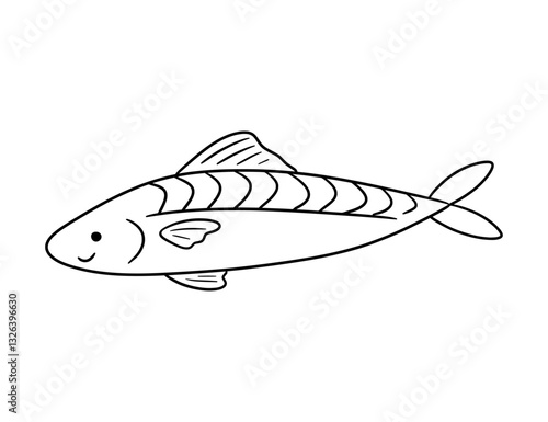 Cute mackerel fish drawing, vector doodle sea animal, outline simple illustration for coloring book