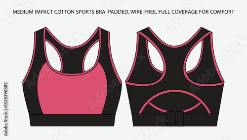 women medium impact, cotton, padded, wire-free, full coverage bra flatsketch, sports bra, technical drawing, bra, flat sketch, fashion technology, tech pack, vector, editable stroke