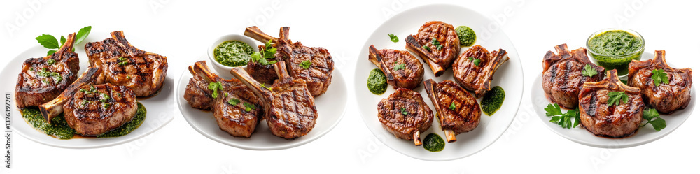 Grilled lamb chops splashing, green chutney sauce, isolate on white background. set cutout png. Grilled lamb chops splashing, green chutney sauce, isolate on white background. set cutout png.