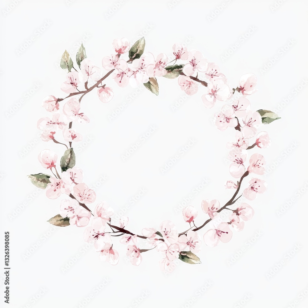 Pink apple and cherry blossoms are arranged in a round floral wreath, painted in watercolor for a postcard Pink apple and cherry blossoms are arranged in a round floral wreath, painted in watercolor for a postcard