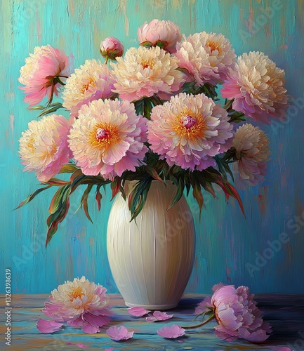 Peony pink flowers are beautifully arranged in a white vase, as shown in an oil painting illustration with a light floral background