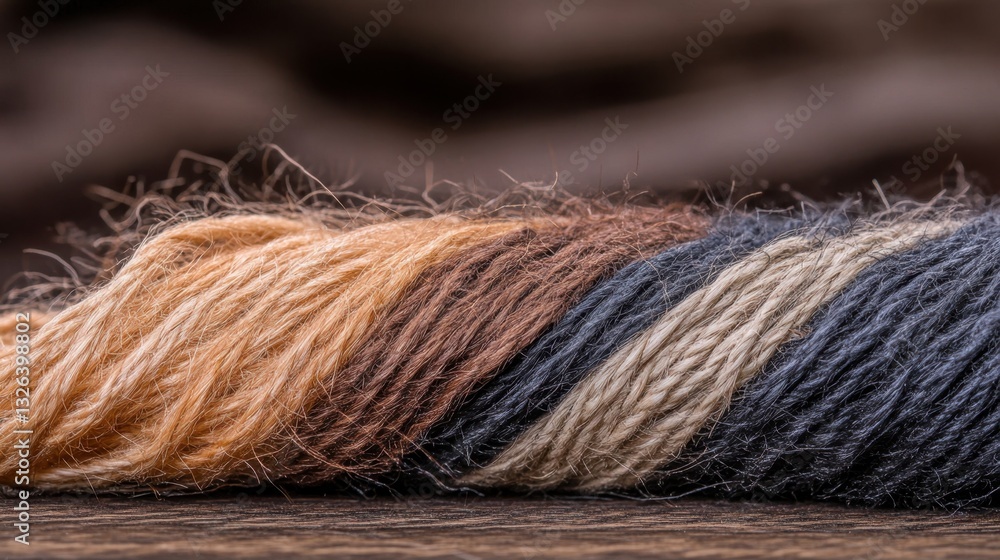 Fototapeta premium Close-up of multicolored yarn twisted together on wooden surface