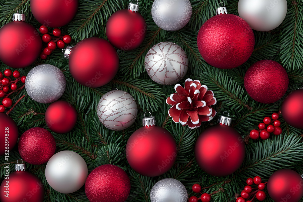 Festive Christmas ornaments and greenery. A vibrant display of red and silver Christmas balls, pine branches, and pine cones Festive Christmas ornaments and greenery. A vibrant display of red and silver Christmas balls, pine branches, and pine cones