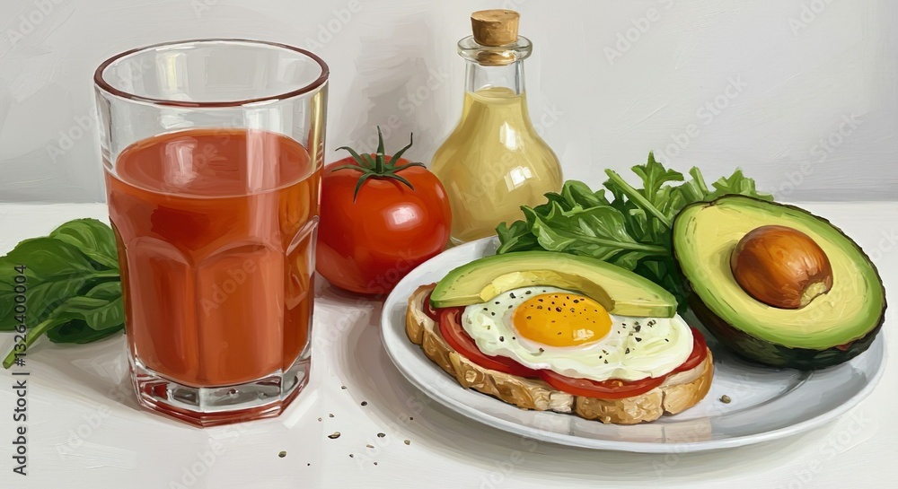 A modern breakfast with tomato juice. A glass of juice, avocado and egg sandwich, and fresh vegetables on a white background. A modern breakfast with tomato juice. A glass of juice, avocado and egg sandwich, and fresh vegetables on a white background.