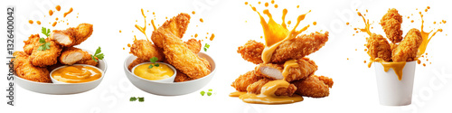 Golden chicken strips splashing, yellow mustard sauce, isolate on white background. set cutout png.
