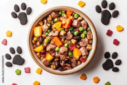 Dog food bowl, colorful, top view, paw prints