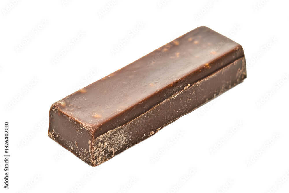A single rectangular chocolate bar sitting on a white surface with a clear and simple background view here A single rectangular chocolate bar sitting on a white surface with a clear and simple background view here